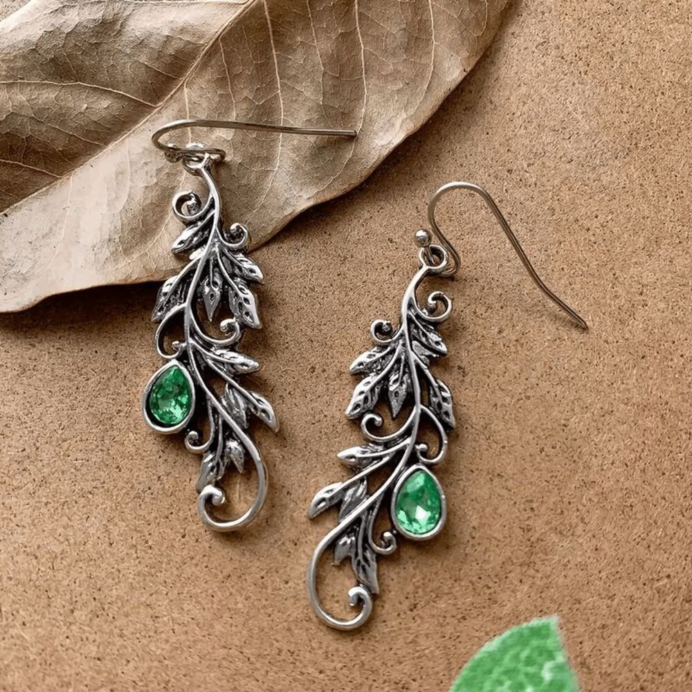Boho Emerald Filigree Leaf Dangle Earrings